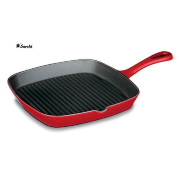 Long handle enamel Cast-Iron Square Grill Pan with oil mouth